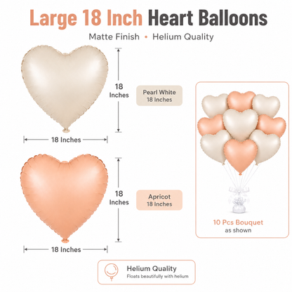 Heart Shaped Pearl White & Apricot Color Foil Balloons Set - 10PC | 18 inches | Helium Quality Balloons