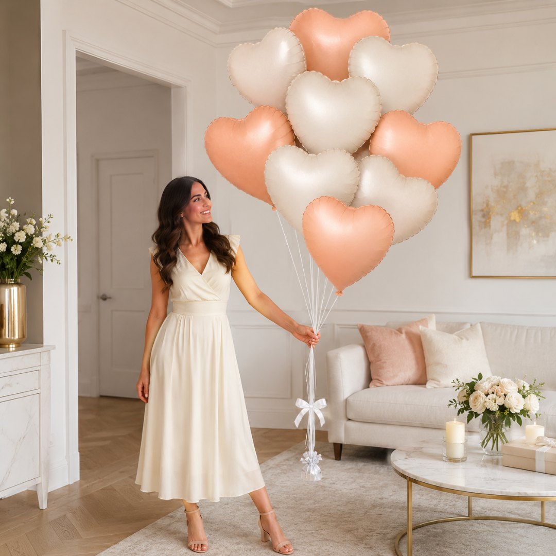 Heart Shaped Pearl White & Apricot Color Foil Balloons Set - 10PC | 18 inches | Helium Quality Balloons