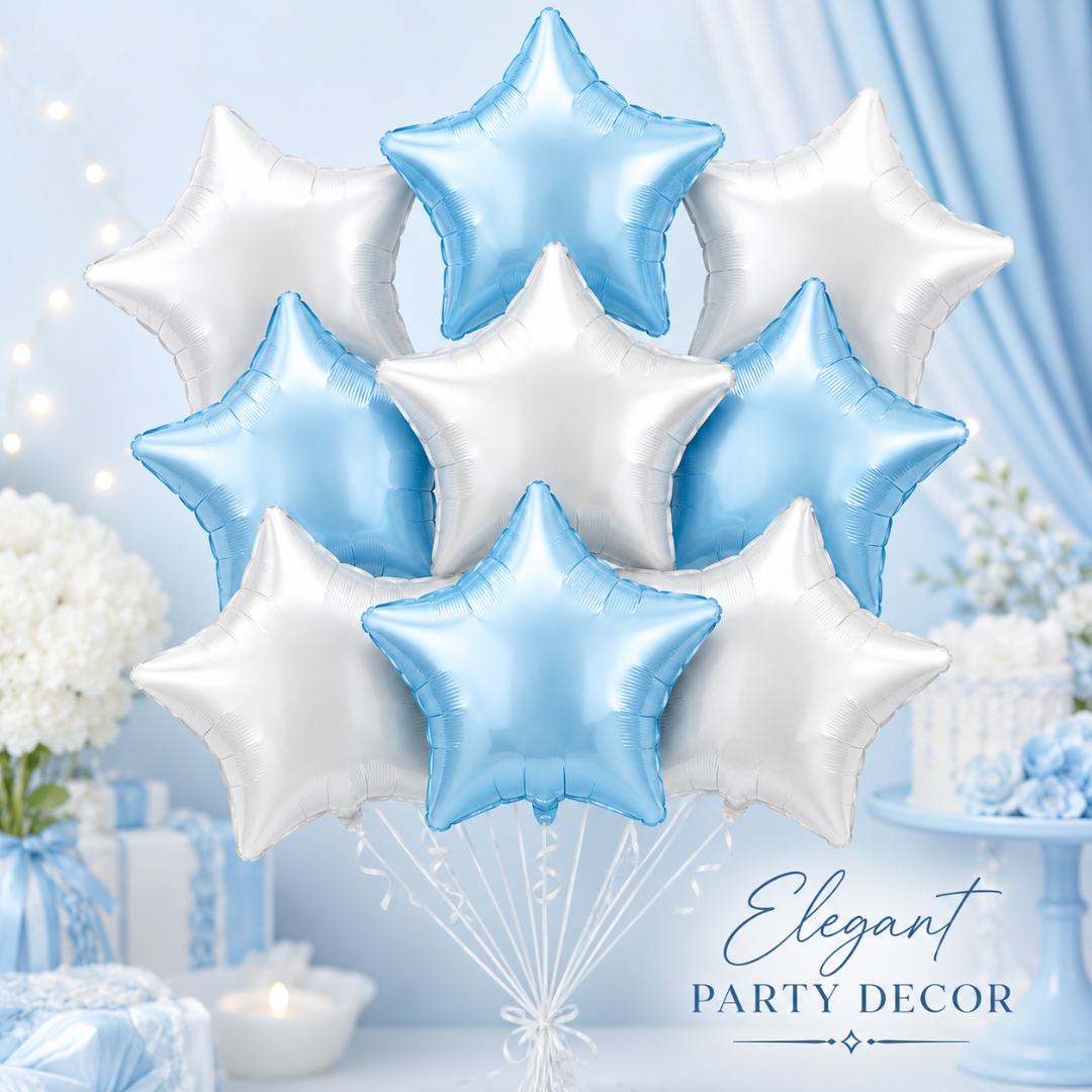 Pastel Blue and Pearl White Star Shaped Balloons Set - 10PC | 18 inches | Helium Quality Balloons