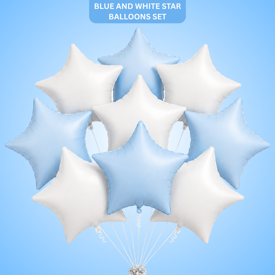 Pastel Blue and Pearl White Star Shaped Balloons Set - 10PC | 18 inches | Helium Quality Balloons