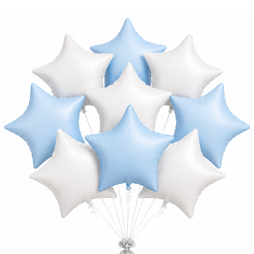 Pastel Blue and Pearl White Star Shaped Balloons Set - 10PC | 18 inches | Helium Quality Balloons