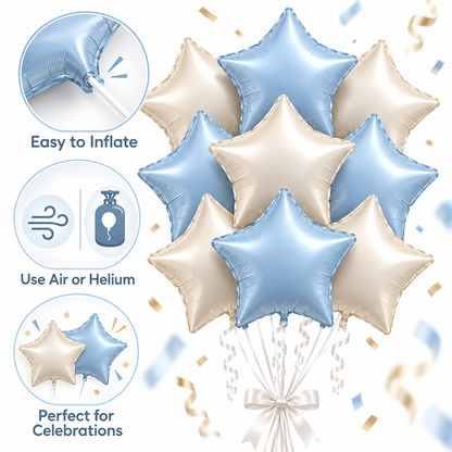 Pastel Blue and Pearl White Star Shaped Balloons Set - 10PC | 18 inches | Helium Quality Balloons