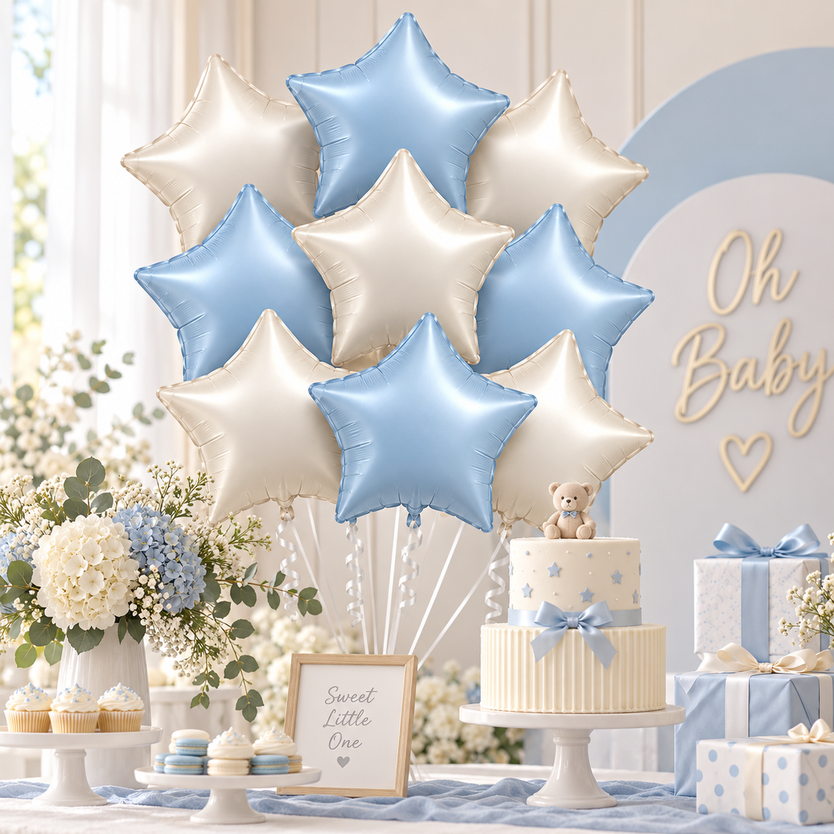 Pastel Blue and Pearl White Star Shaped Balloons Set - 10PC | 18 inches | Helium Quality Balloons