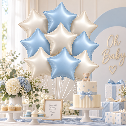 Pastel Blue and Pearl White Star Shaped Balloons Set - 10PC | 18 inches | Helium Quality Balloons