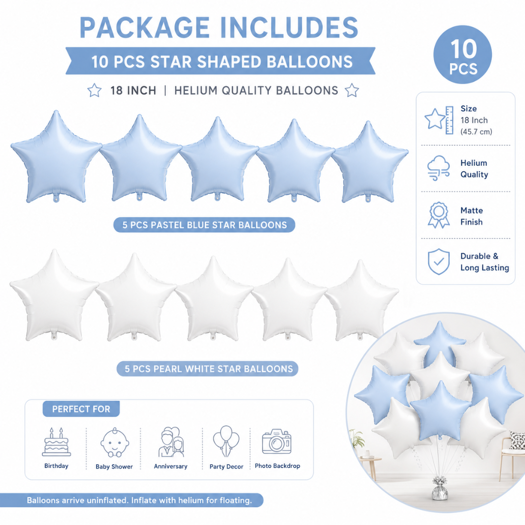 Pastel Blue and Pearl White Star Shaped Balloons Set - 10PC | 18 inches | Helium Quality Balloons