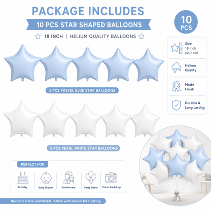 Pastel Blue and Pearl White Star Shaped Balloons Set - 10PC | 18 inches | Helium Quality Balloons