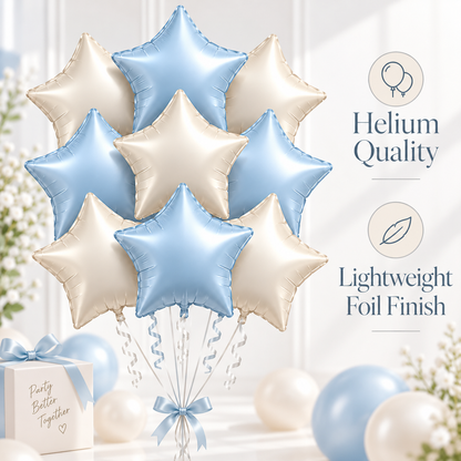 Pastel Blue and Pearl White Star Shaped Balloons Set - 10PC | 18 inches | Helium Quality Balloons