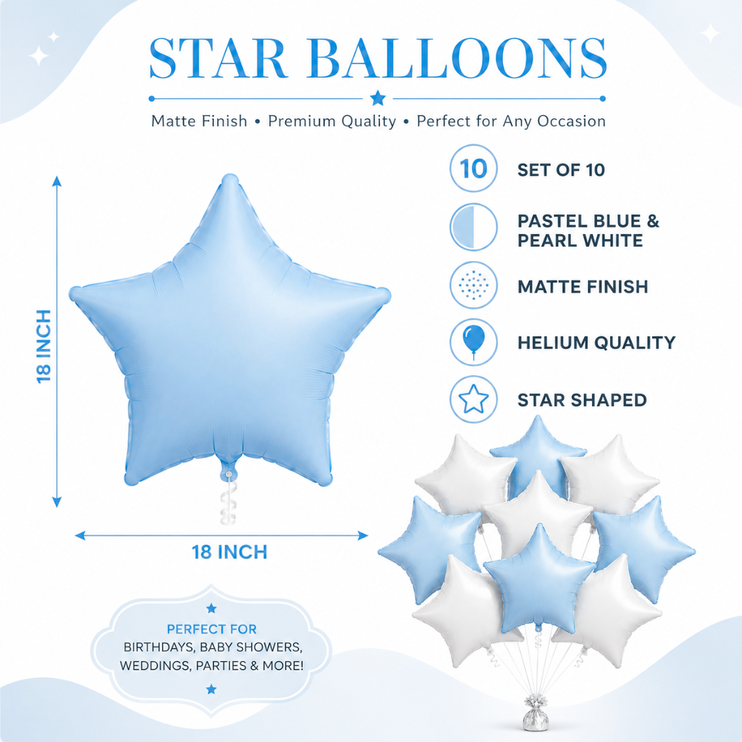 Pastel Blue and Pearl White Star Shaped Balloons Set - 10PC | 18 inches | Helium Quality Balloons