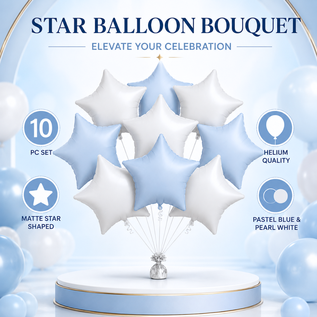 Pastel Blue and Pearl White Star Shaped Balloons Set - 10PC | 18 inches | Helium Quality Balloons