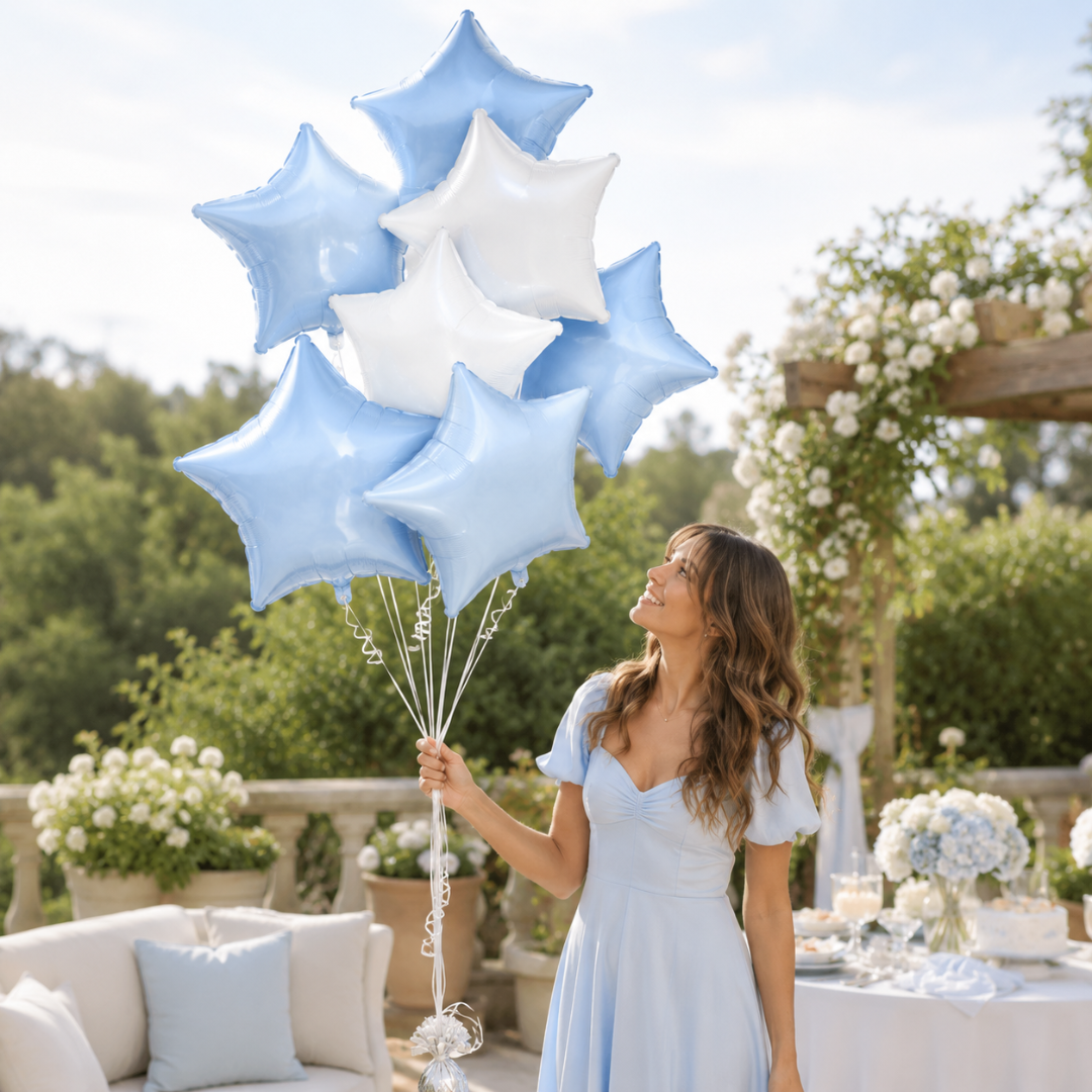 Pastel Blue and Pearl White Star Shaped Balloons Set - 10PC | 18 inches | Helium Quality Balloons