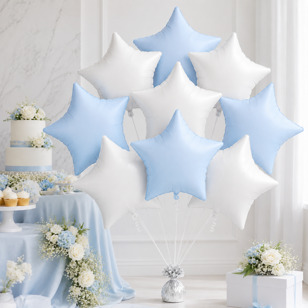 Pastel Blue and Pearl White Star Shaped Balloons Set - 10PC | 18 inches | Helium Quality Balloons