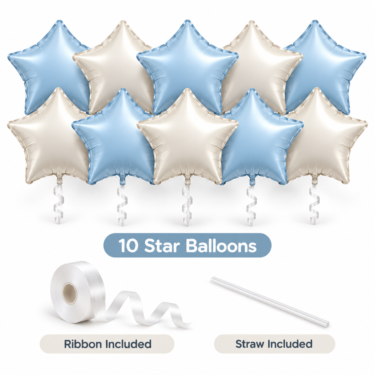 Pastel Blue and Pearl White Star Shaped Balloons Set - 10PC | 18 inches | Helium Quality Balloons