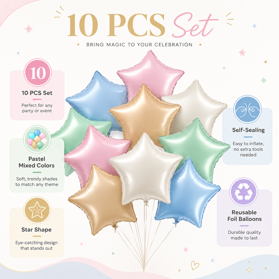 Pastel Macaron Color Star Balloons Set - 10PC | 18 inches | Helium Quality Balloons