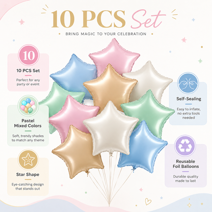 Pastel Macaron Color Star Balloons Set - 10PC | 18 inches | Helium Quality Balloons