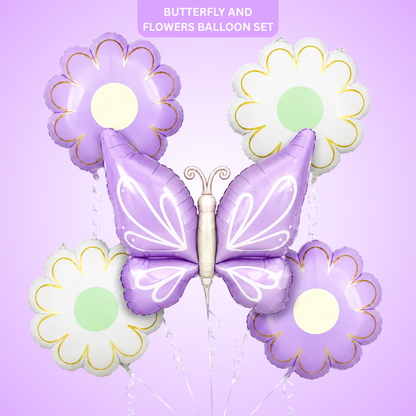 Purple Butterfly and Flowers Balloon Set - 5PC | Helium Quality Balloons