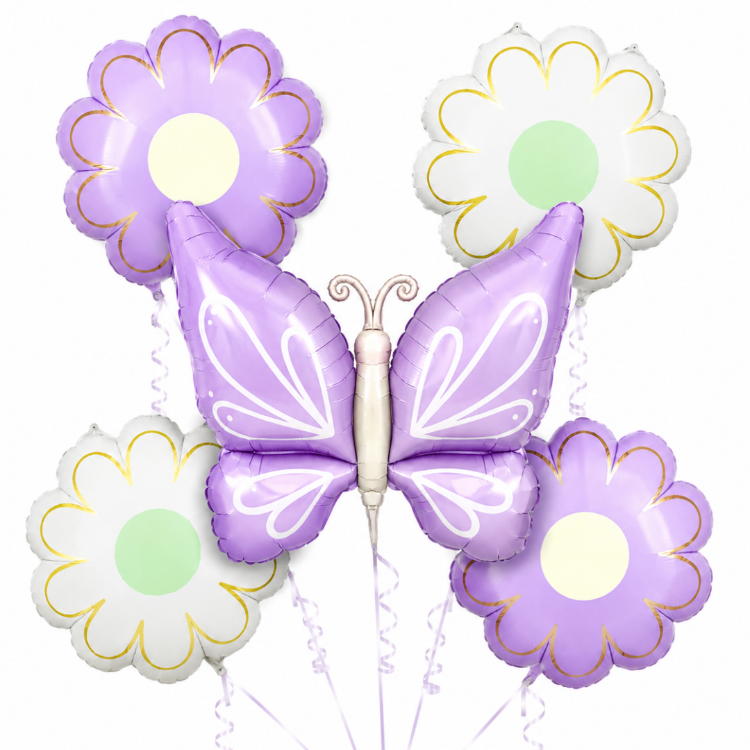 Purple Butterfly and Flowers Balloon Set - 5PC | Helium Quality Balloons