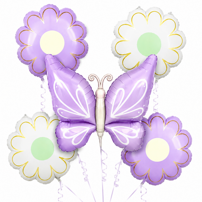 Purple Butterfly and Flowers Balloon Set - 5PC | Helium Quality Balloons