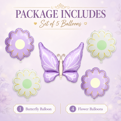 Purple Butterfly and Flowers Balloon Set - 5PC | Helium Quality Balloons