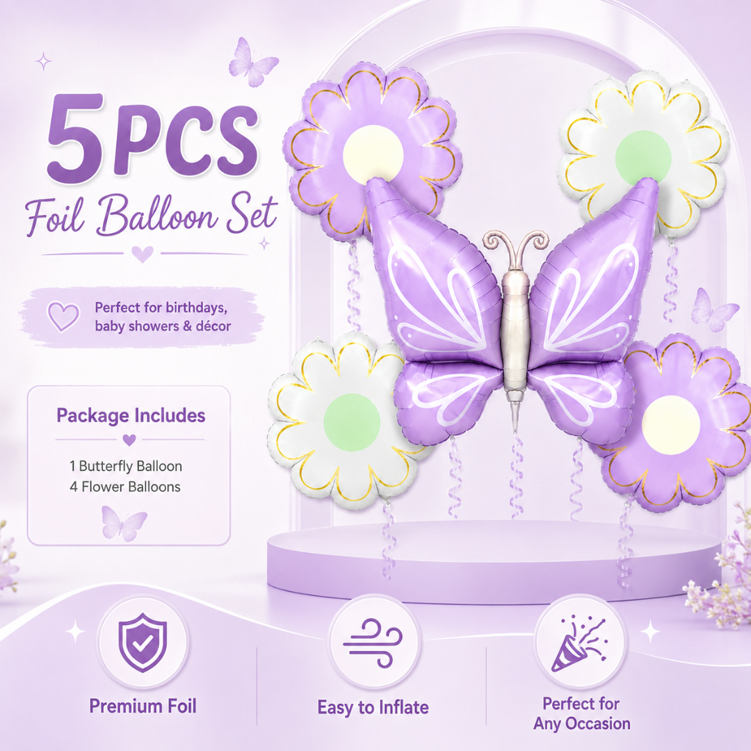 Purple Butterfly and Flowers Balloon Set - 5PC | Helium Quality Balloons