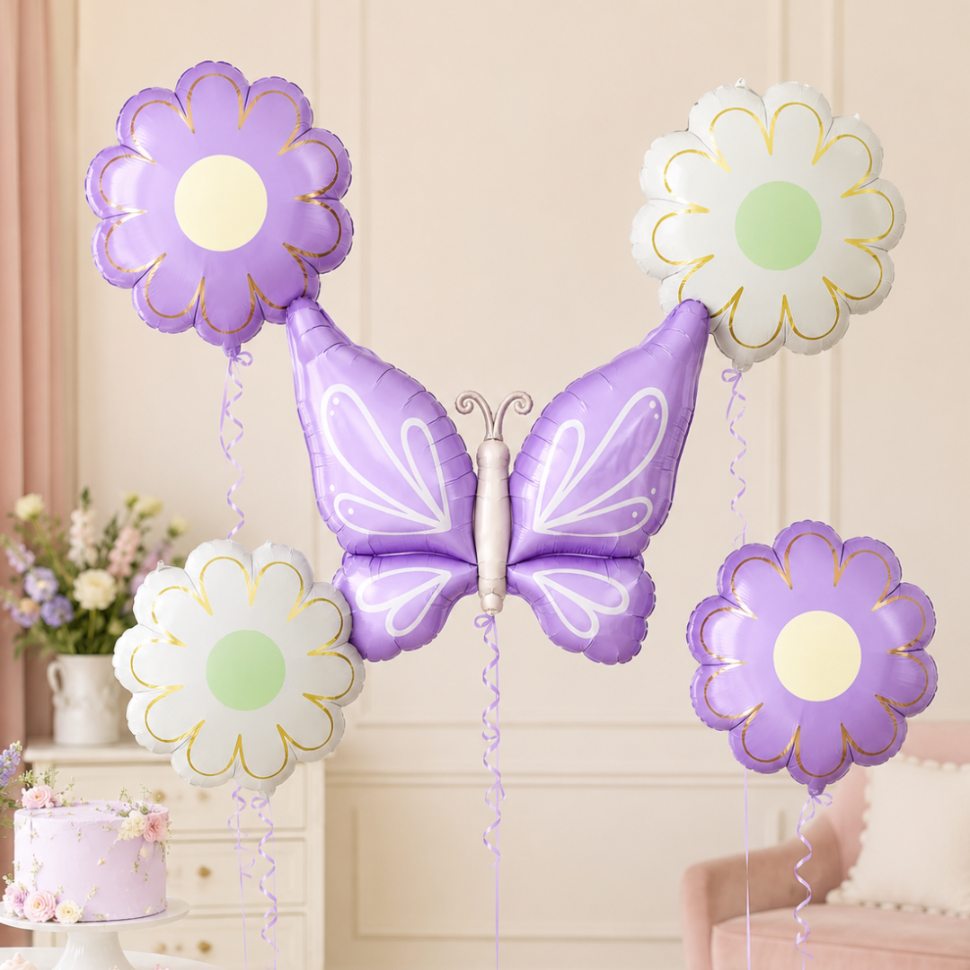 Purple Butterfly and Flowers Balloon Set - 5PC | Helium Quality Balloons