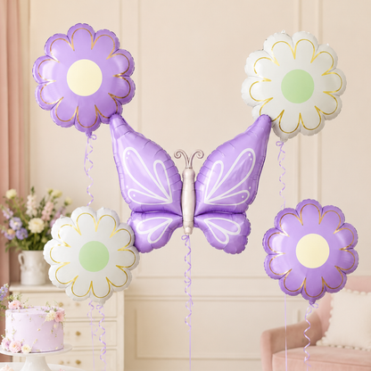 Purple Butterfly and Flowers Balloon Set - 5PC | Helium Quality Balloons