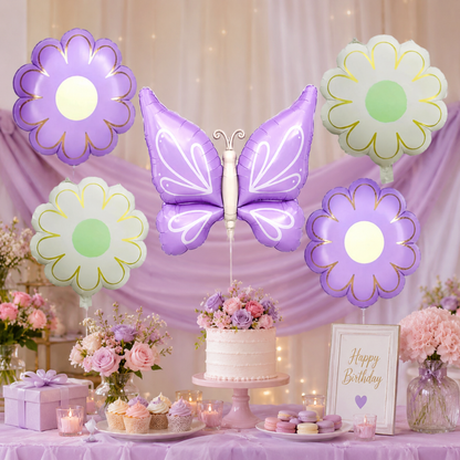 Purple Butterfly and Flowers Balloon Set - 5PC | Helium Quality Balloons
