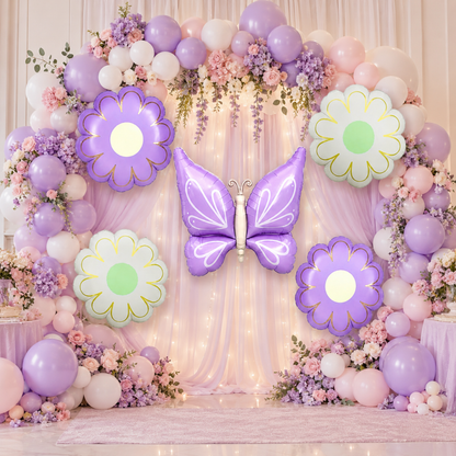 Purple Butterfly and Flowers Balloon Set - 5PC | Helium Quality Balloons