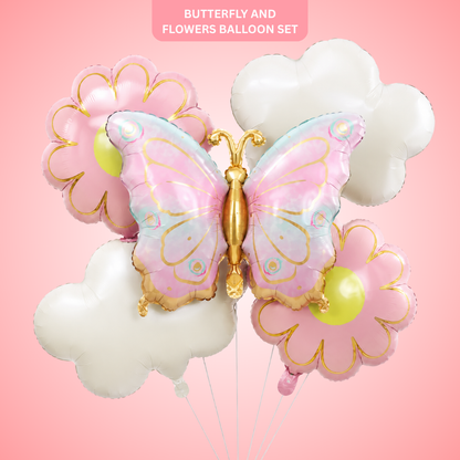 Pink & Green Shaded Butterfly and Flowers Balloons Set - 5PC | Helium Quality Balloons