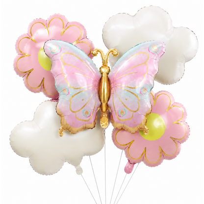 Pink & Green Shaded Butterfly and Flowers Balloons Set - 5PC | Helium Quality Balloons