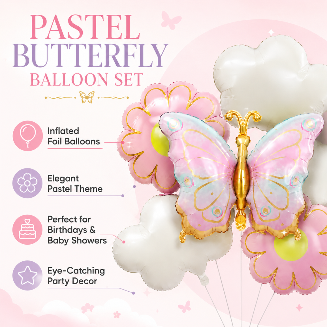 Pink & Green Shaded Butterfly and Flowers Balloons Set - 5PC | Helium Quality Balloons