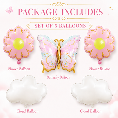 Pink & Green Shaded Butterfly and Flowers Balloons Set - 5PC | Helium Quality Balloons
