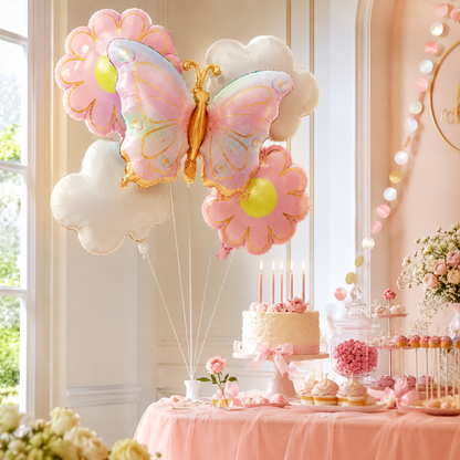 Pink & Green Shaded Butterfly and Flowers Balloons Set - 5PC | Helium Quality Balloons