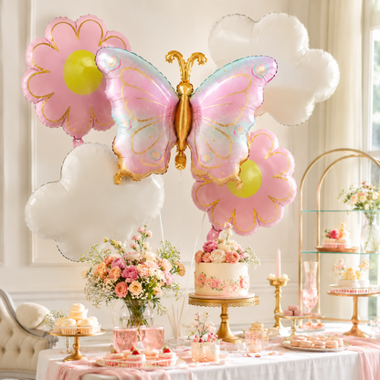 Pink & Green Shaded Butterfly and Flowers Balloons Set - 5PC | Helium Quality Balloons