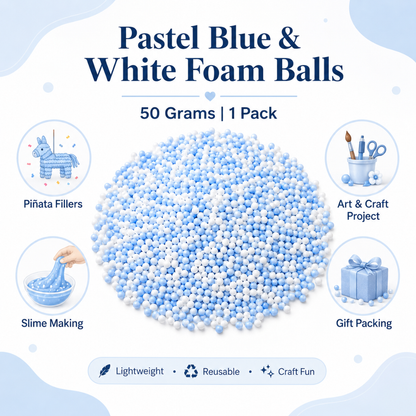 Pastel Blue & White Foam Balls for Pinata Fillers, Slime Making, Art n Craft Project and Gift Packing - 50 Grams - 1 Pack