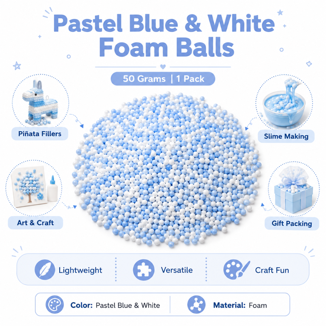 Pastel Blue & White Foam Balls for Pinata Fillers, Slime Making, Art n Craft Project and Gift Packing - 50 Grams - 1 Pack