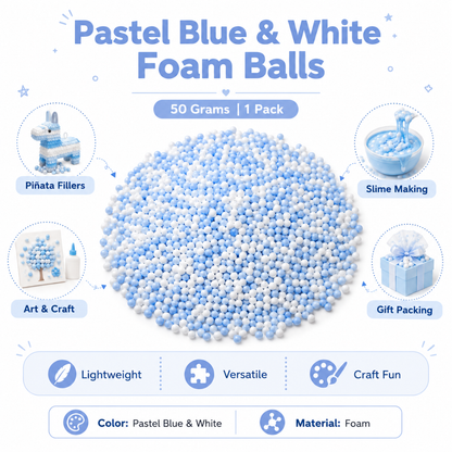 Pastel Blue & White Foam Balls for Pinata Fillers, Slime Making, Art n Craft Project and Gift Packing - 50 Grams - 1 Pack