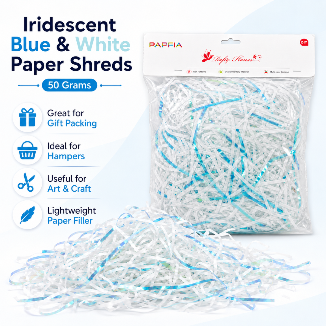 Iridescent Blue & White Paper Shreds for Gift Packing | Crinkle Paper for Art n Craft - 50 Grams