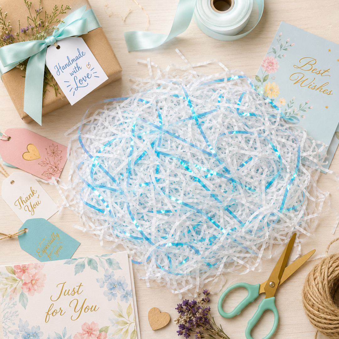 Iridescent Blue & White Paper Shreds for Gift Packing | Crinkle Paper for Art n Craft - 50 Grams