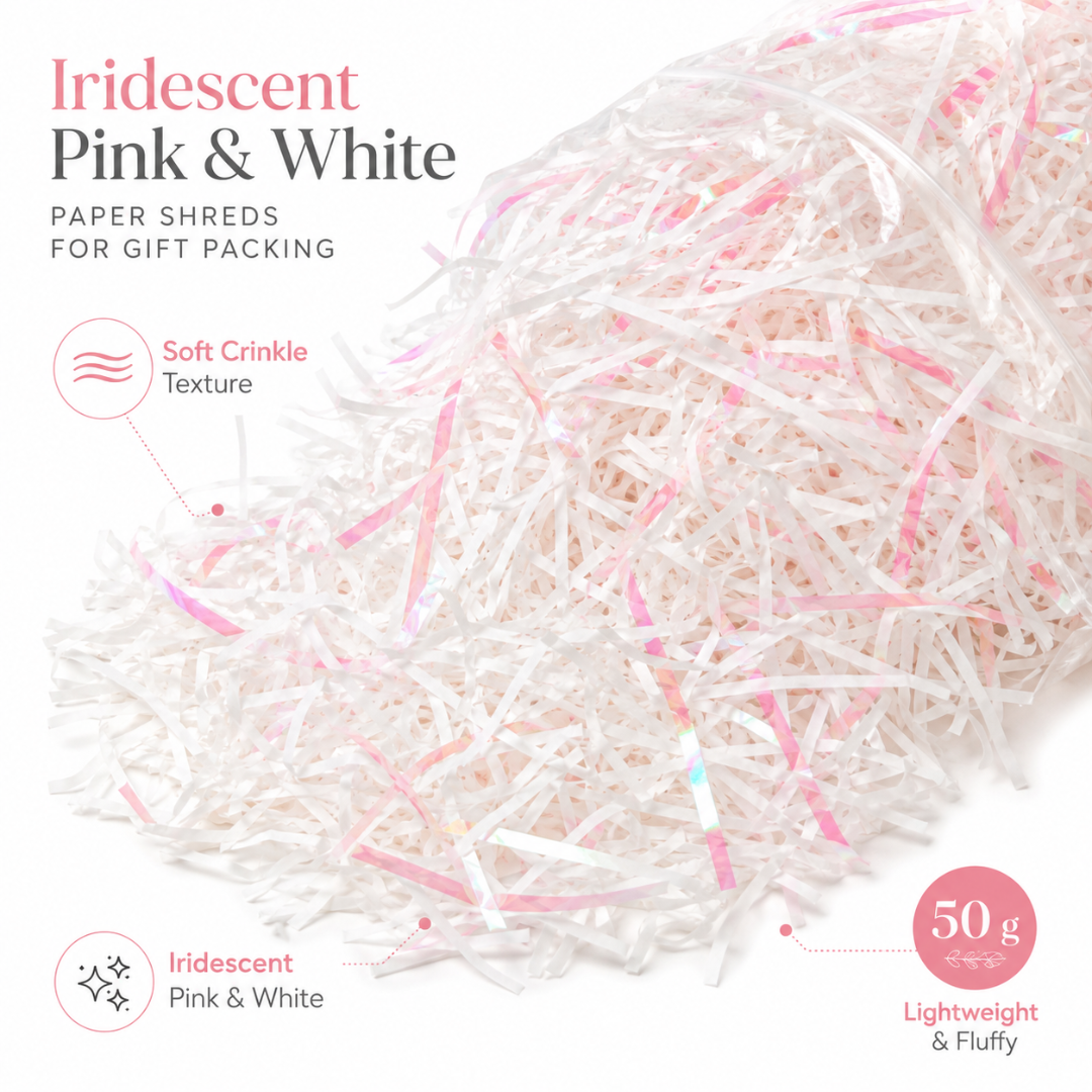 Iridescent Pink & White Paper Shreds for Gift Packing | Crinkle Paper for Art & Craft - 50 Grams