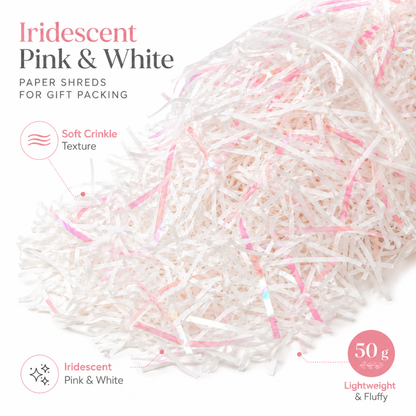 Iridescent Pink & White Paper Shreds for Gift Packing | Crinkle Paper for Art & Craft - 50 Grams