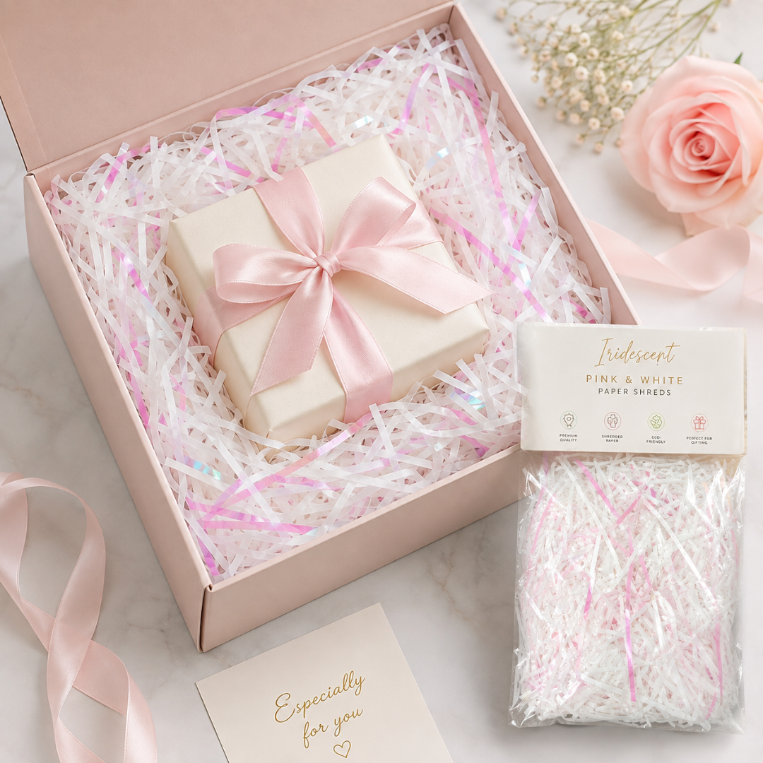 Iridescent Pink & White Paper Shreds for Gift Packing | Crinkle Paper for Art & Craft - 50 Grams