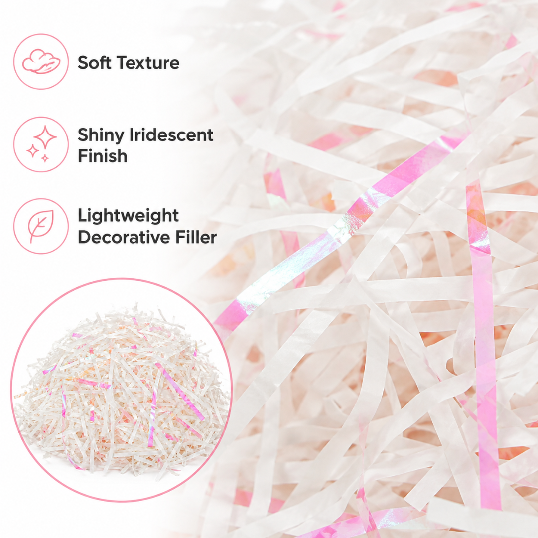 Iridescent Pink & White Paper Shreds for Gift Packing | Crinkle Paper for Art & Craft - 50 Grams