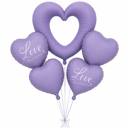 Purple Heart Foil Balloon Set - 5PC | Large Hollow LOVE Heart with Plain Heart Balloons