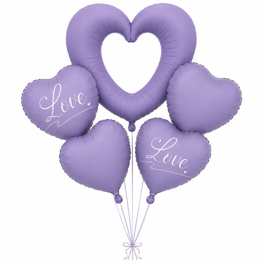 Purple Heart Foil Balloon Set - 5PC | Large Hollow LOVE Heart with Plain Heart Balloons