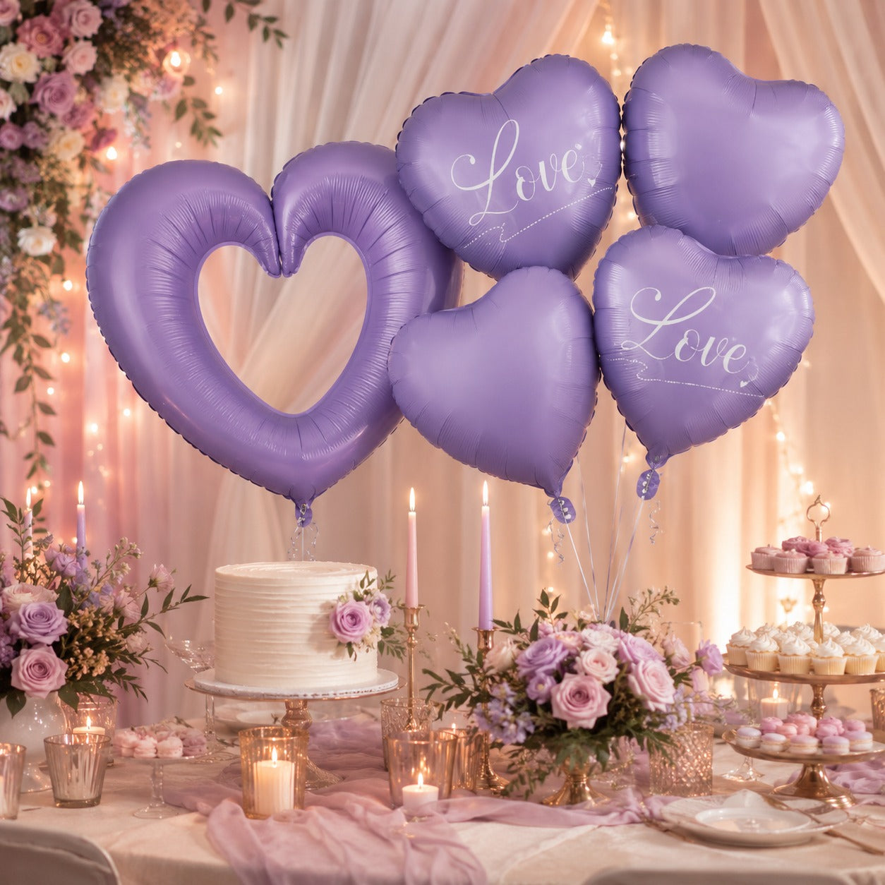 Purple Heart Foil Balloon Set - 5PC | Large Hollow LOVE Heart with Plain Heart Balloons