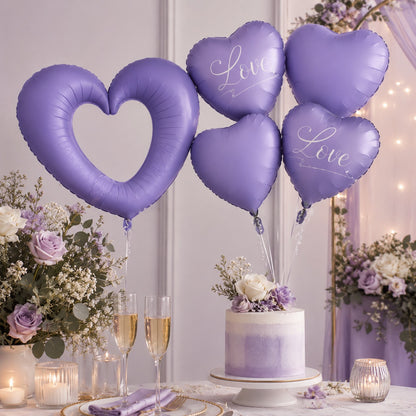 Purple Heart Foil Balloon Set - 5PC | Large Hollow LOVE Heart with Plain Heart Balloons