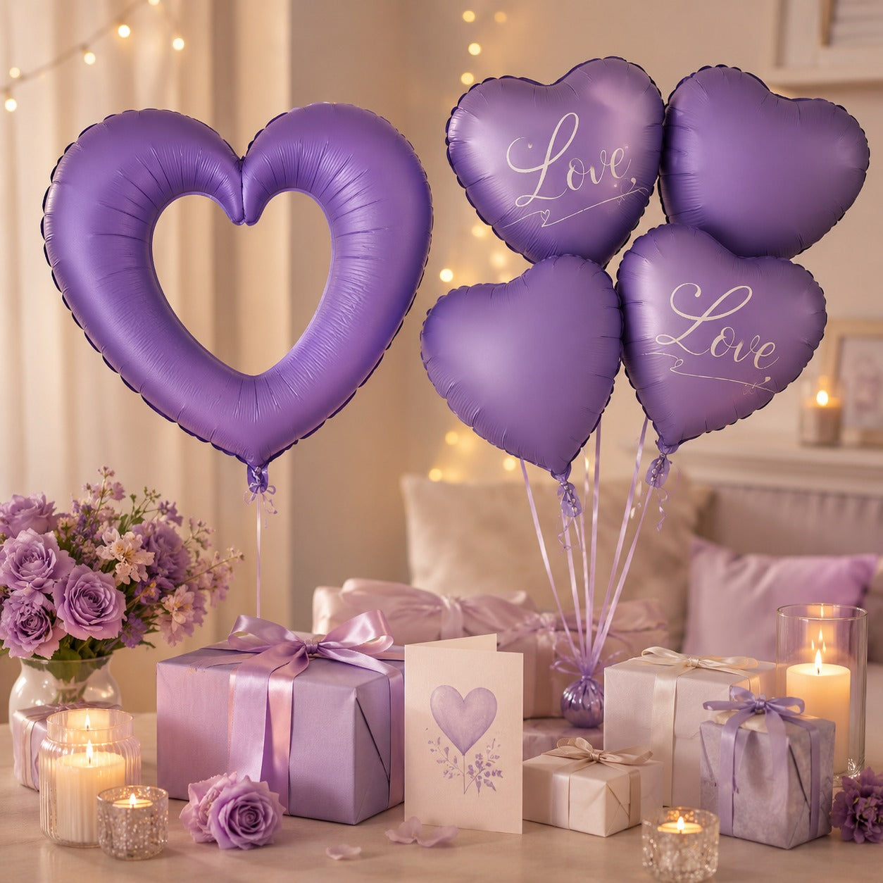 Purple Heart Foil Balloon Set - 5PC | Large Hollow LOVE Heart with Plain Heart Balloons