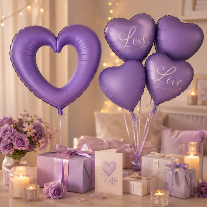Purple Heart Foil Balloon Set - 5PC | Large Hollow LOVE Heart with Plain Heart Balloons