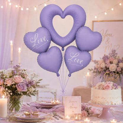 Purple Heart Foil Balloon Set - 5PC | Large Hollow LOVE Heart with Plain Heart Balloons
