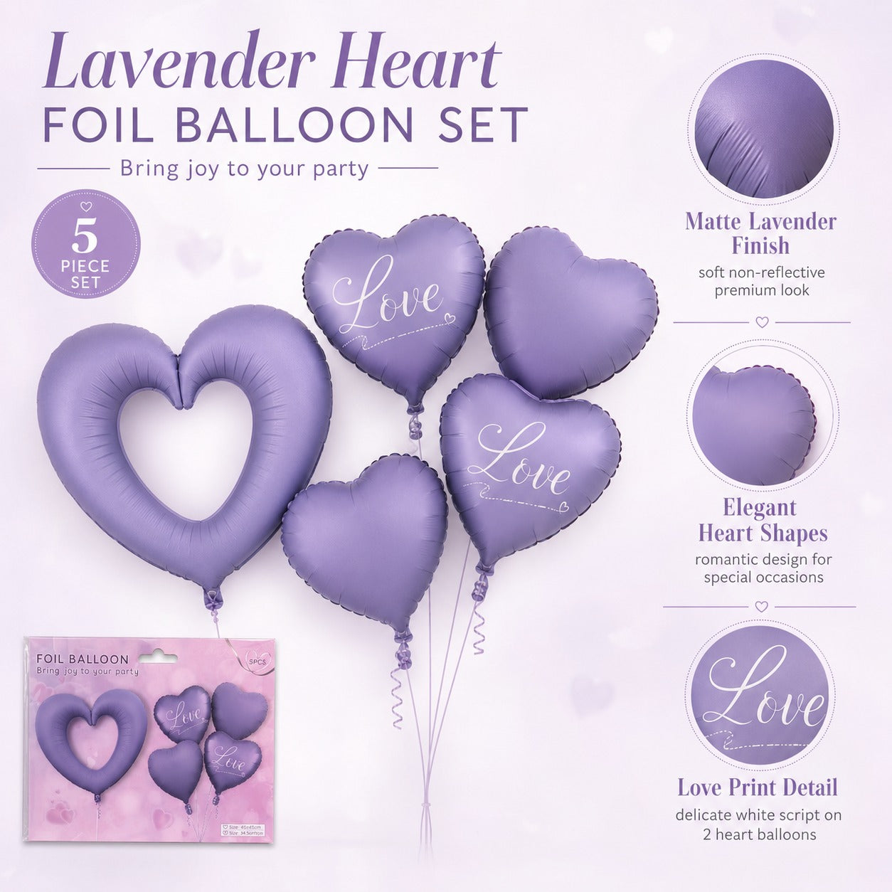 Purple Heart Foil Balloon Set - 5PC | Large Hollow LOVE Heart with Plain Heart Balloons